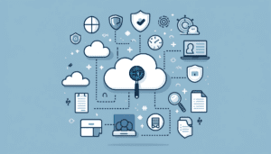 Illustration depicting the core concepts of cloud computing, emphasizing cloud forensics, investigation of security incidents, and data integrity.