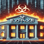 Image of Evolve Bank & Trust building engulfed in digital flames, symbolizing a cybersecurity breach by ransomware.