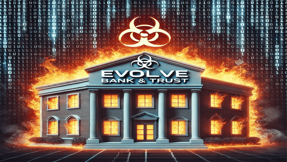 Image of Evolve Bank & Trust building engulfed in digital flames, symbolizing a cybersecurity breach by ransomware.