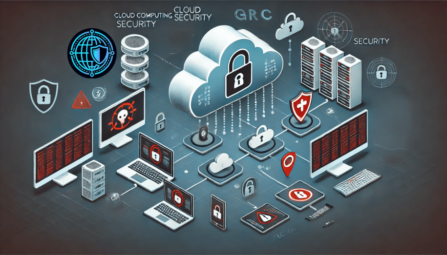 An illustration representing Governance, Risk, and Compliance in cloud computing, showcasing various elements like security measures, compliance checks, and risk management strategies.